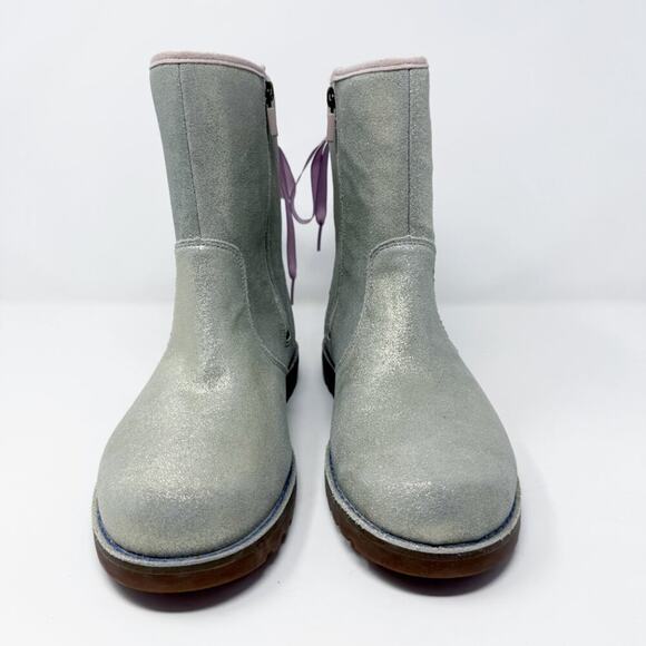 Ugg	Metallic Silver Corene Boots Size 6 Side Zip/Lace Up Back Shearling Footbed - Picture 2 of 11